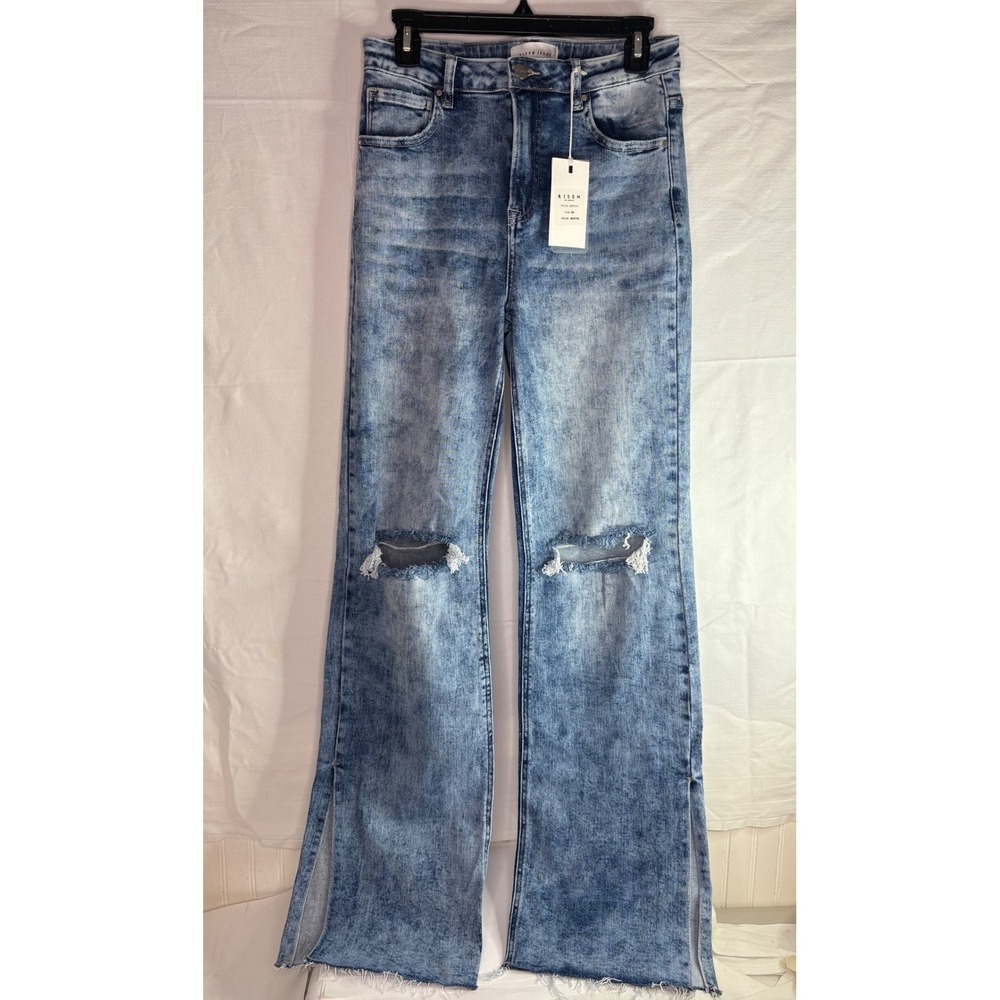 NWT RISEN JEANS Womens Medium Acid Wash Distressed Flared Jeans 9/29